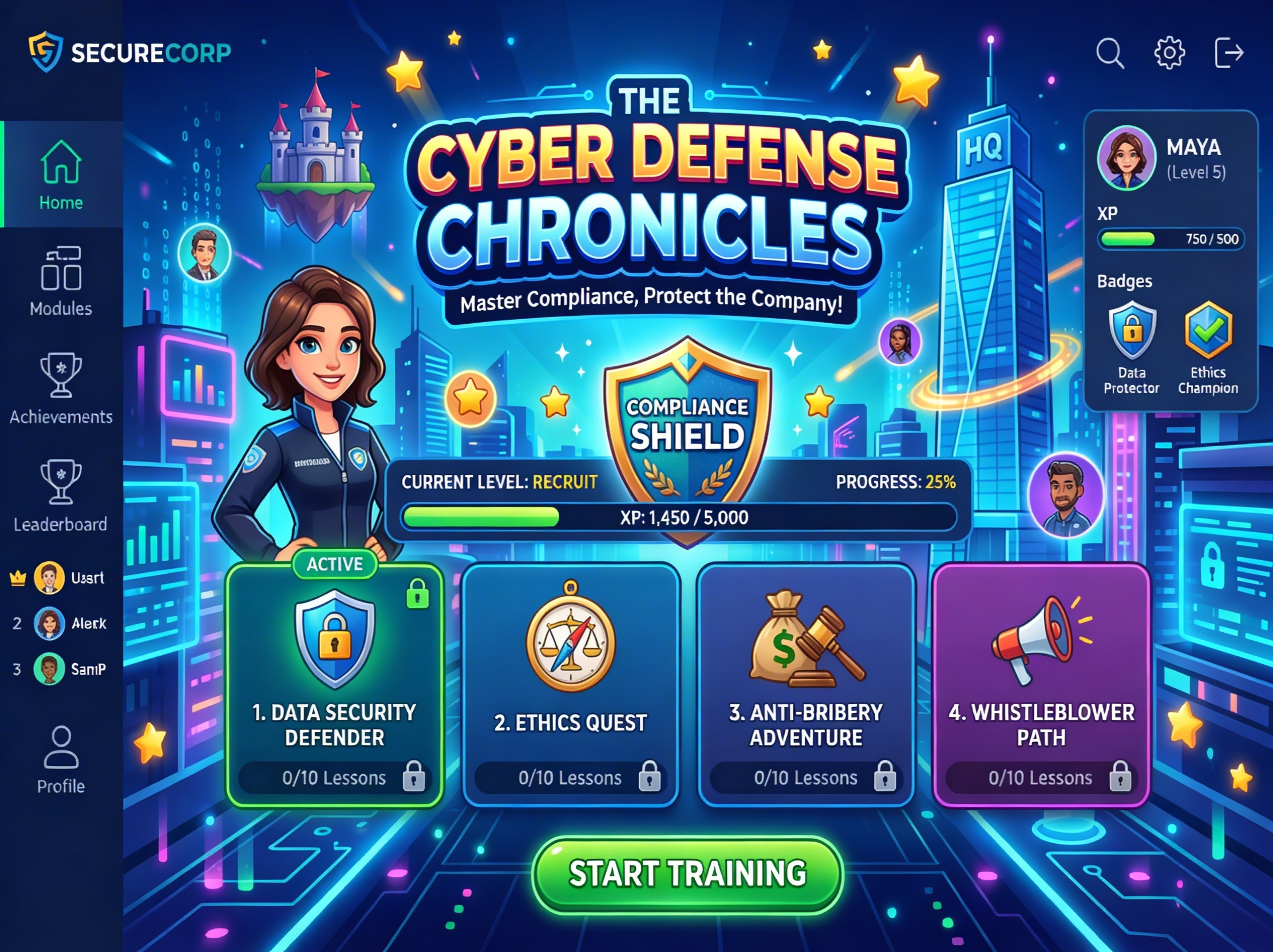 Home screen of a gamified elearning module on cybersecurity training