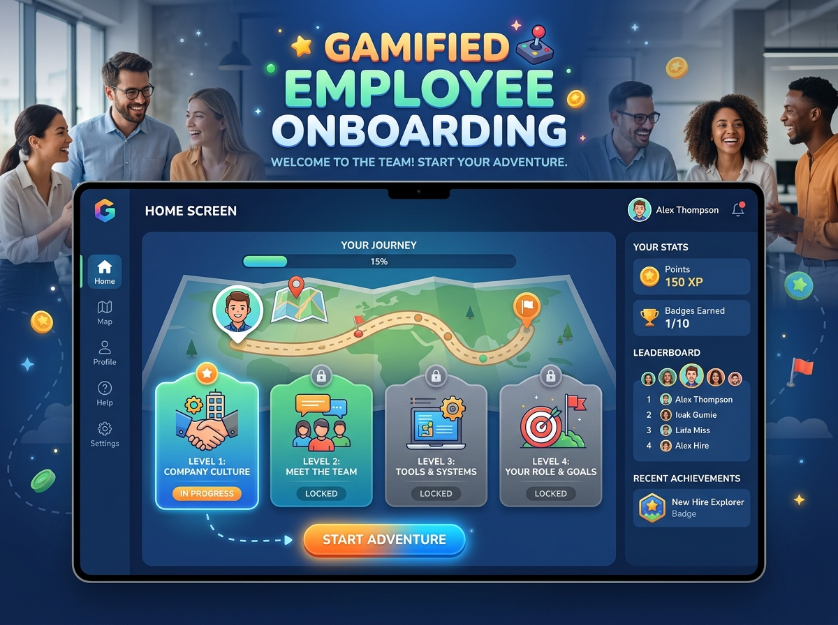 Home screen of an elearning module on gamified employee onboarding Morbi vitae purus dictum, ultrices tellus in, gravida lectus.