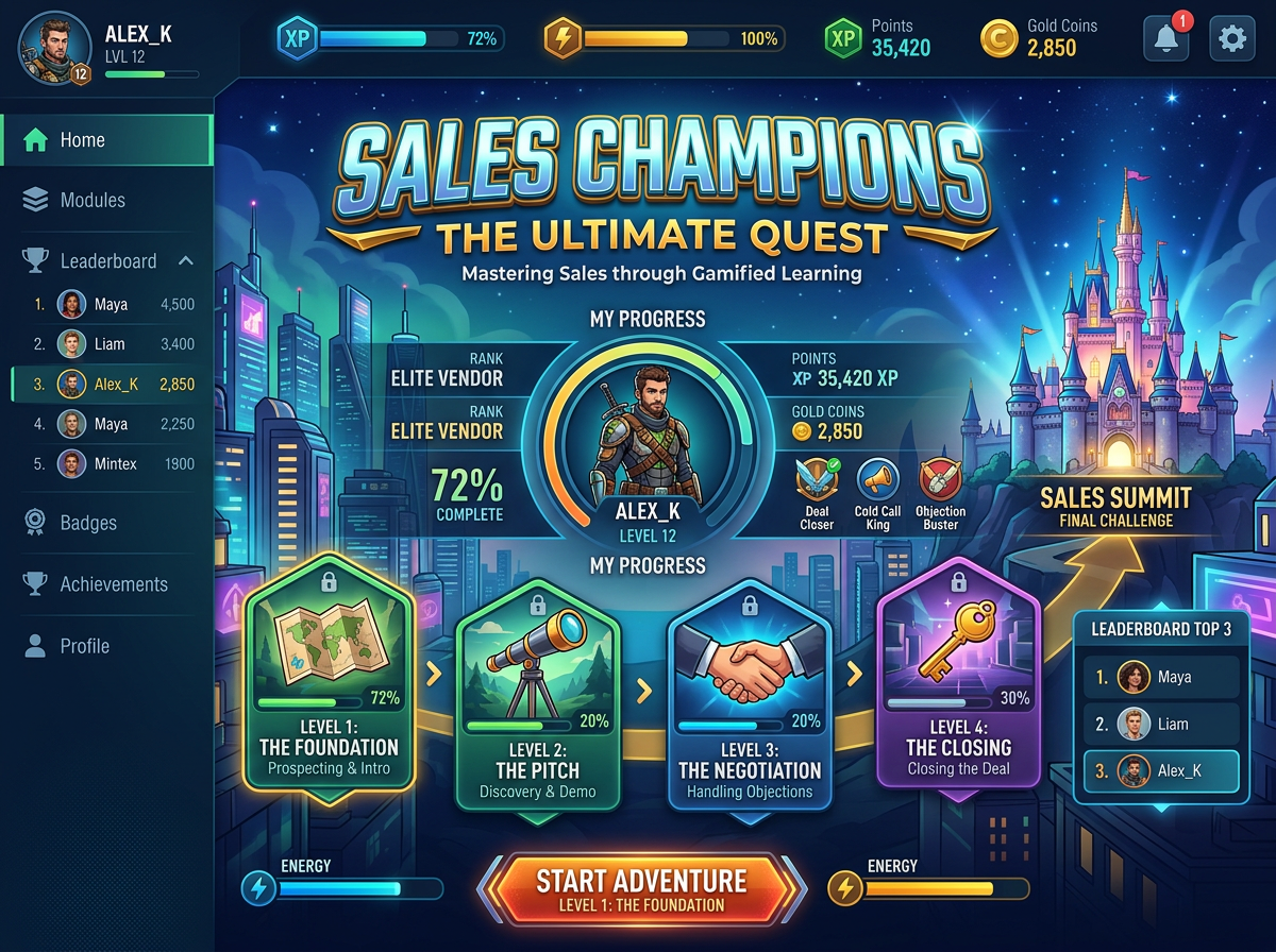 Home screen of a gamified elearning module on sales training