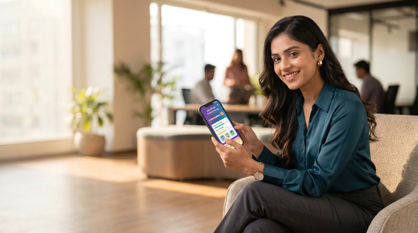 Gamified E-learning A female employee experiencing a gamified e-learning module on her mobile phone